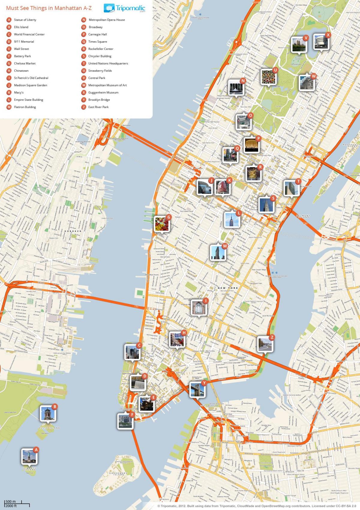 карта на Манхатън, с участието на забележителности