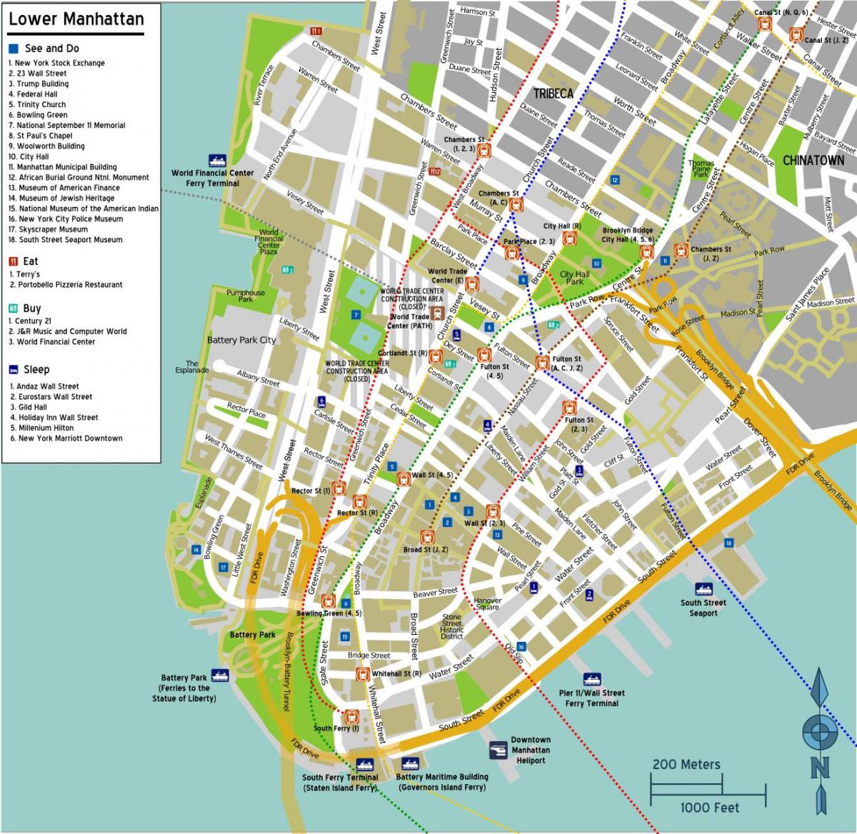 карта на долната част на Манхатън с имена на улиците